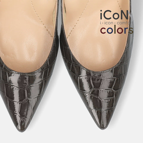 Basic Item SALE10%OFF：2024AW：iCoN COLORS：ポインテッドトゥ クロコ型押し パンプス（C76534）チャコールCR/mamian（マミアン）