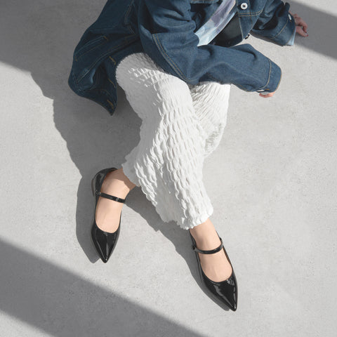 30%OFF：2025SS：メリージェーン ストラップ フラットシューズ（4802）ブラックE/mamian（マミアン）