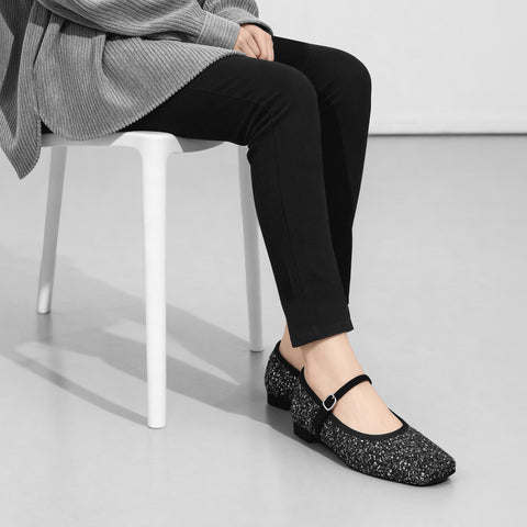 予約：2025AW：スクエアトゥ メリージェーン フラット（m10310）ブラックグリッター/mamian（マミアン）