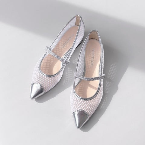 2025SS：甲ゴムストラップ チュールフラット（m17057）シルバーTU/mamian（マミアン）